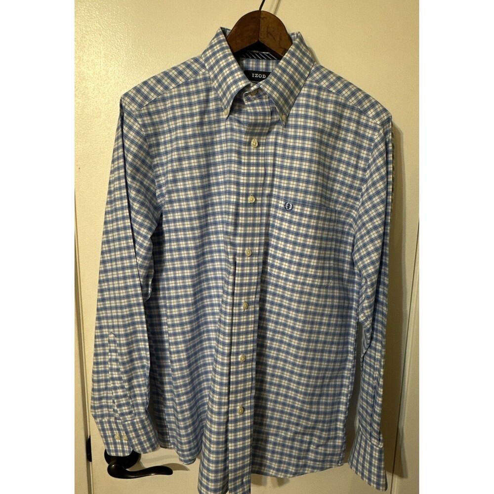 IZOD Varsity Oxford Button Down Shirt Mens Size M Blue Plaid with Pocket